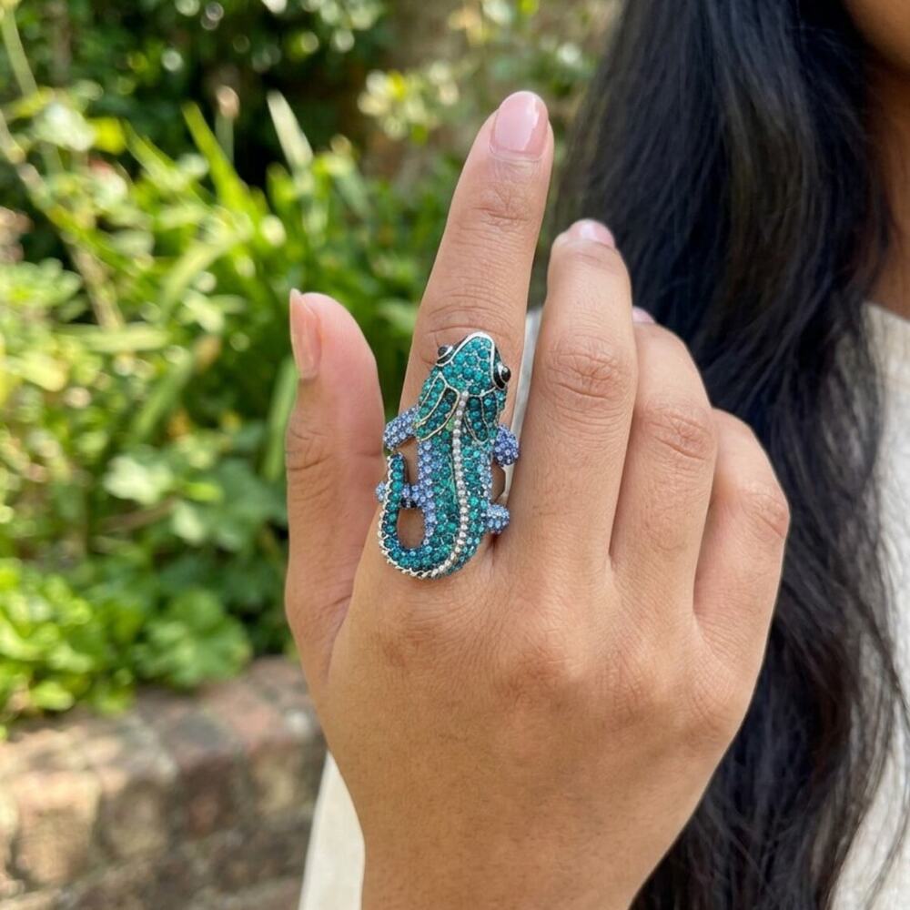 Pavé Crystal Salamander Lizard Ring - Silverplate Womens 7